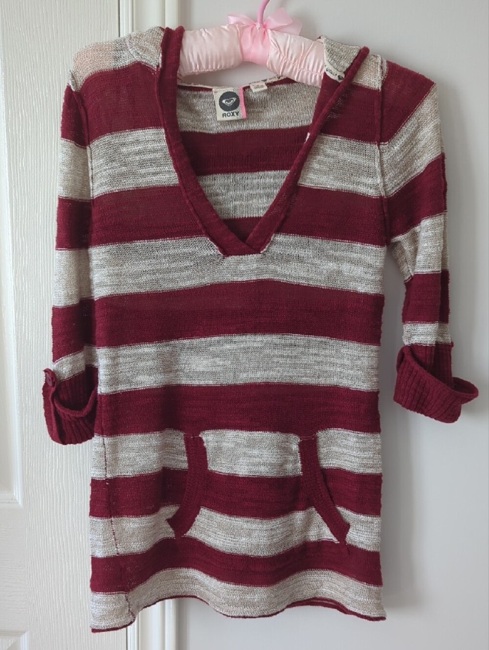 Roxy Burgundy and Cream Striped V-Neck Sweater Medium